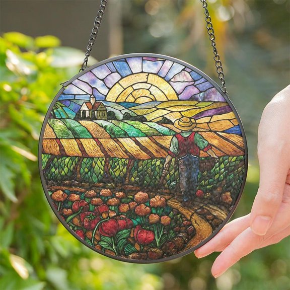 Farm Scene Glass Suncatcher, Rustic Country Window Decor, Farmer Home Accent Art, 3.5 in