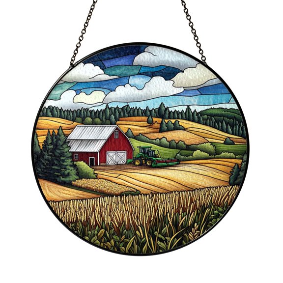 Farm Scene Stained Glass Suncatcher with Red Barn and Tractor, Country Window Hanging Decor