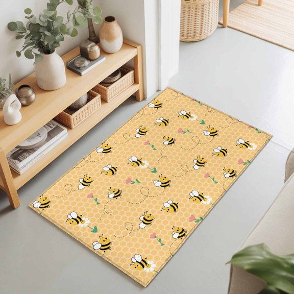 Farm Seamless Bees Flower Rectangle Rug 2'x3' Rustic Yellow Honeycomb Washable Area Rugs for Living Room Bedroom Entryway Non Slip Entrance Door Mat Indoor Floor Carpet