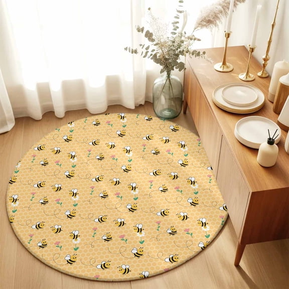 Farm Seamless Bees Flower Round Rug 3ft Rustic Yellow Honeycomb Washable Area Rugs for Living Room Bedroom Entryway Non Slip Entrance Door Mat Indoor Floor Carpet