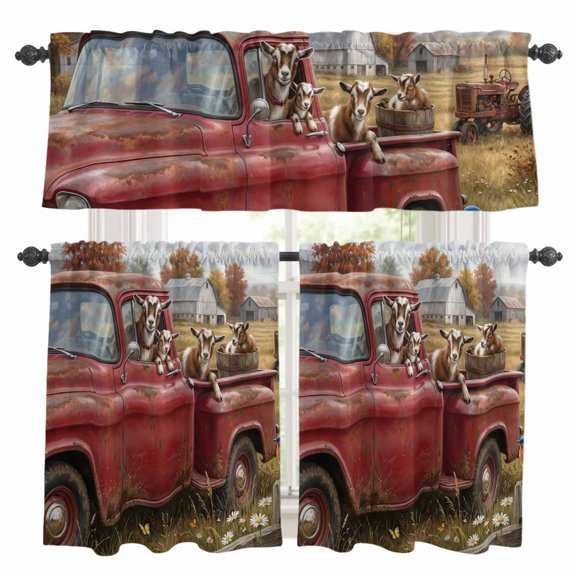 Farm Sheep Animal Kitchen Curtains Valances and Tiers Set of 3 Vintage Red Truck Daisy Brown Tree House Tier Curtains and Valance with Rod Pocket for Small Windows, 27.5"x36"