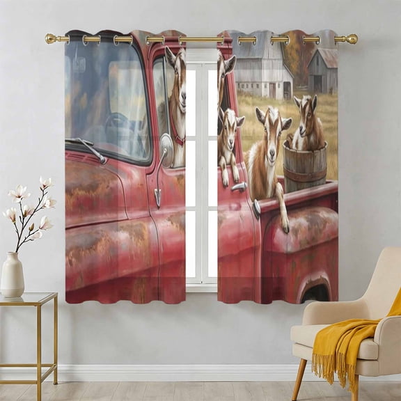 Farm Sheep Animal Sheer Curtains 39 Inch Long 2 Panels, Vintage Red Truck Daisy Brown Tree House Light Filtering Semi Sheer Drapes Grommet Voile Window Curtain for Living Bedroom W27.9 x L39