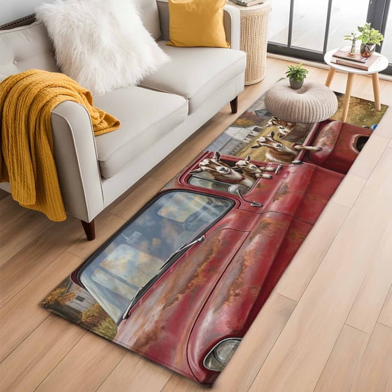 Farm Sheep Animal Washable Runner Rugs 2'x6', Vintage Red Truck Daisy Brown Tree House Low Pile Throw Entryway Rug Non-Slip Sturdy Edge Binding Carpet for Indoor Bedside Entrance Bedside
