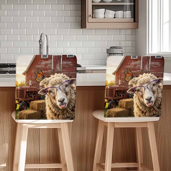 Farm Sheep Chair Back Cover for Dining Room, Farmhouse Barn Funny Animals Butterfly Removable Kitchen Chair Slipcovers, Washable Seat Protector for Restaurant Party Banquet Wedding Décor
