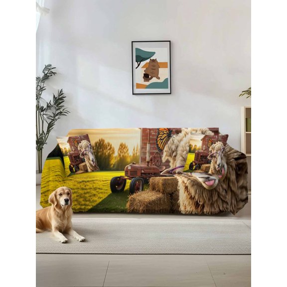 Farm Sheep Couch Cover, Farmhouse Barn Funny Animals Butterfly Sofa Cover Blanket for 1 Seat Cushion, Sectional Sofa Slipcover Furniture Protector for Living Room Bedroom 71''x91''