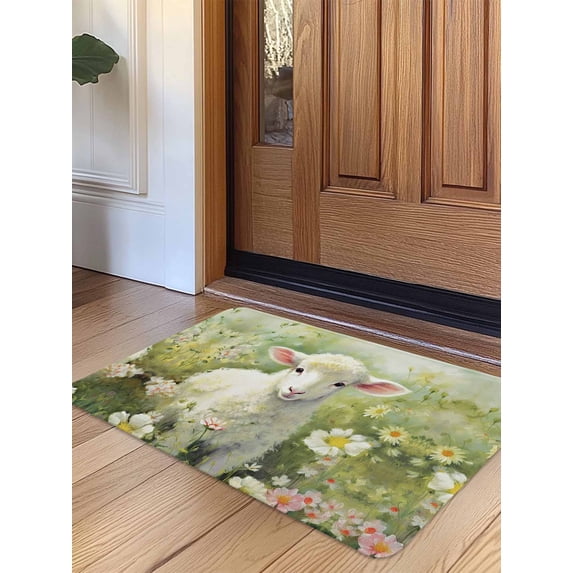 Farm Sheep Daisy Door Mat&nbsp;Indoor Outdoor Entrance, Non Slip Small Rug for Kitchen Bathroom Entryway Rug, Spring Wildflower Plant Watercolor Washable Doormat Floor Mat 16x24 Inch