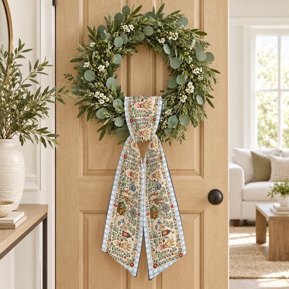 Farm Sheep Duck Wreath Sash, Country Farmhouse Floral Blue Gingham Border Decorative Ribbon Wreath Sash for Front Door, Porch Indoor Holiday Decor