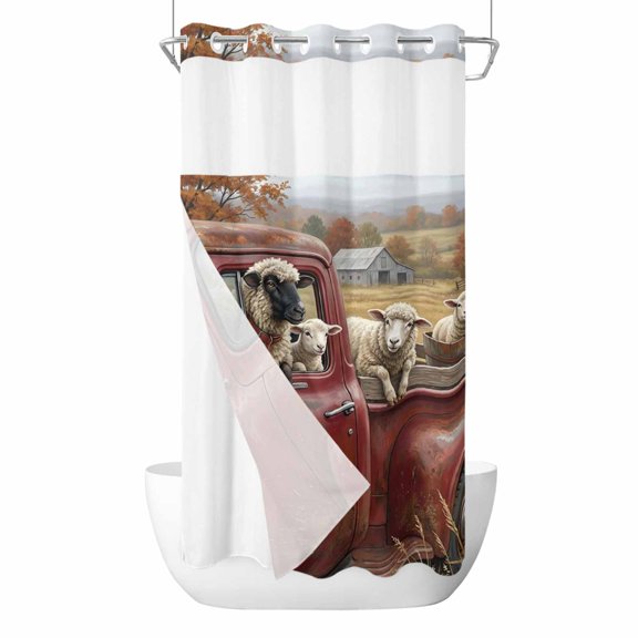 Farm Sheep No Hook Shower Curtain with Snap in Liner, Waterproof Fabric Shower Curtains, Red Truck Animals Trees House Rustic Scenery Shower Curtain Set Top See Through for Bathroom 36"x78"