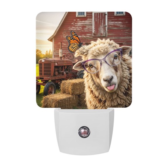 Farm Sheep Night Lights Plug Into Wall, LED Dusk to Dawn Sensor Night Light, Farmhouse Barn Funny Butterfly Nightlight for Bedroom Bathroom Living Room Hallway Home Wall Decor