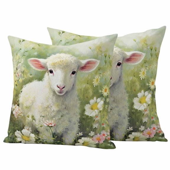 Farm Sheep Outdoor Pillow Covers 16"x16" Set of 2, Spring Daisy Plant Waterproof Throw Pillow Covers for Patio Furniture, Decorative Cushion Covers for Porch