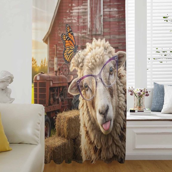 Farm Sheep Semi Sheer Curtains Drapes for Living Room, Bedroom, French Doors Window 45 Inches Long, Farmhouse Barn Funny Butterfly Rod Pocket Chiffon Curtain Drapery Voile Draperies Panel