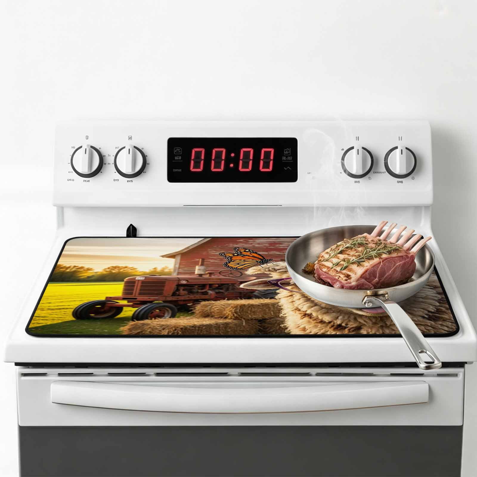 Farm Sheep Stove Top Cover for Electric Stove, Heat-proof & Non Slip Glass Top Stove Cover Protector, Farmhouse Barn Funny Animals Butterfly Kitchen Flat Cooktop Rubber Mat 24x21 Inches
