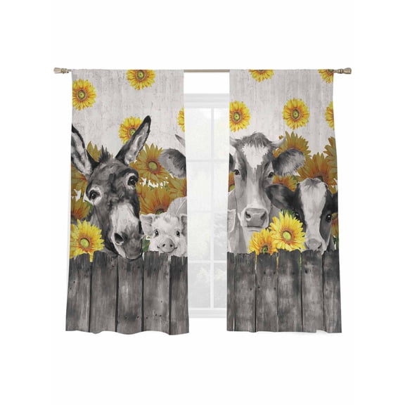 Farm Sheer Curtains 2 Panels Set Retro Farmhouse Donkey Pig Cow Sunflower Leaf Wood Fence Sheer Window Curtains Light Filtering Rod Pocket Voile Drapes for Bedroom Living Room 52"x63"