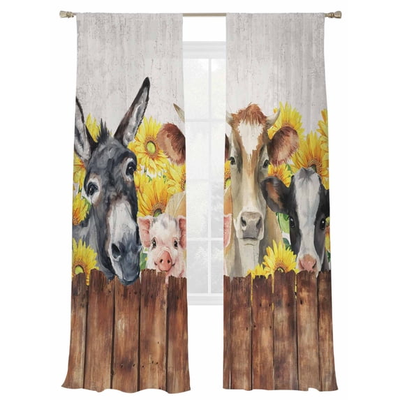 Farm Sheer Curtains 2 Panels Set Vintage Farmhouse Donkey Pig Cow Sunflower Leaf Wood Fence Sheer Window Curtains Light Filtering Rod Pocket Voile Drapes for Bedroom Living Room 52"X84"