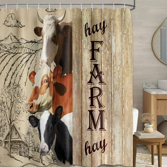 Farm Shower Curtain, Rustic Farmhouse Shower Curtains for Bathroom Decor Country Wood Funny Western Animal Cow Bath Curtain Set, Waterproof Fabric, 72x72in