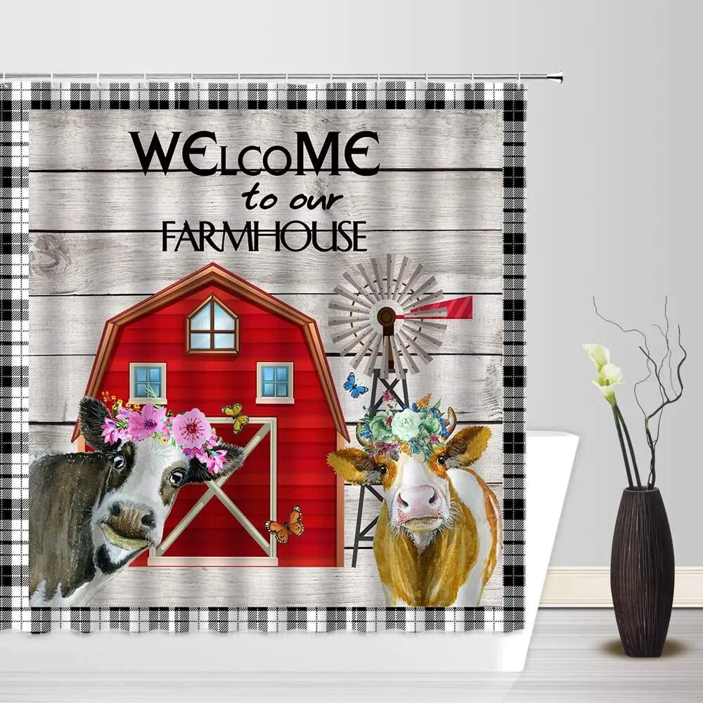Farmhouse Shower Curtain, Windmill Barn Cottage Cows Butterflies and Daisies Countryside View,  69