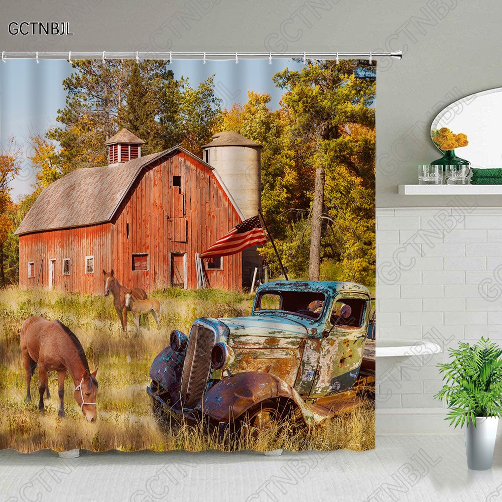 Farm Shower Curtains Fall Rural Landscape Old Truck Wooden house