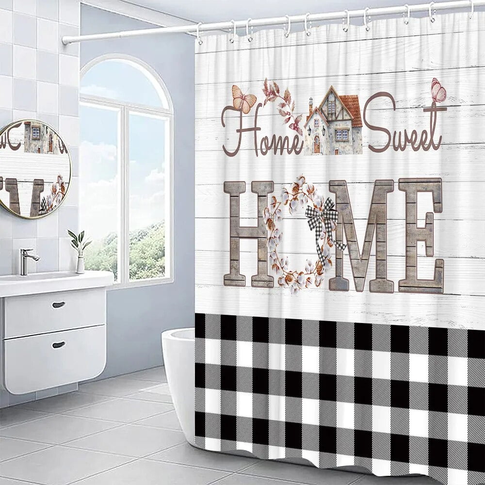 Farm Shower Curtains Family Life Home Boho Black White Buffalo Lattice
