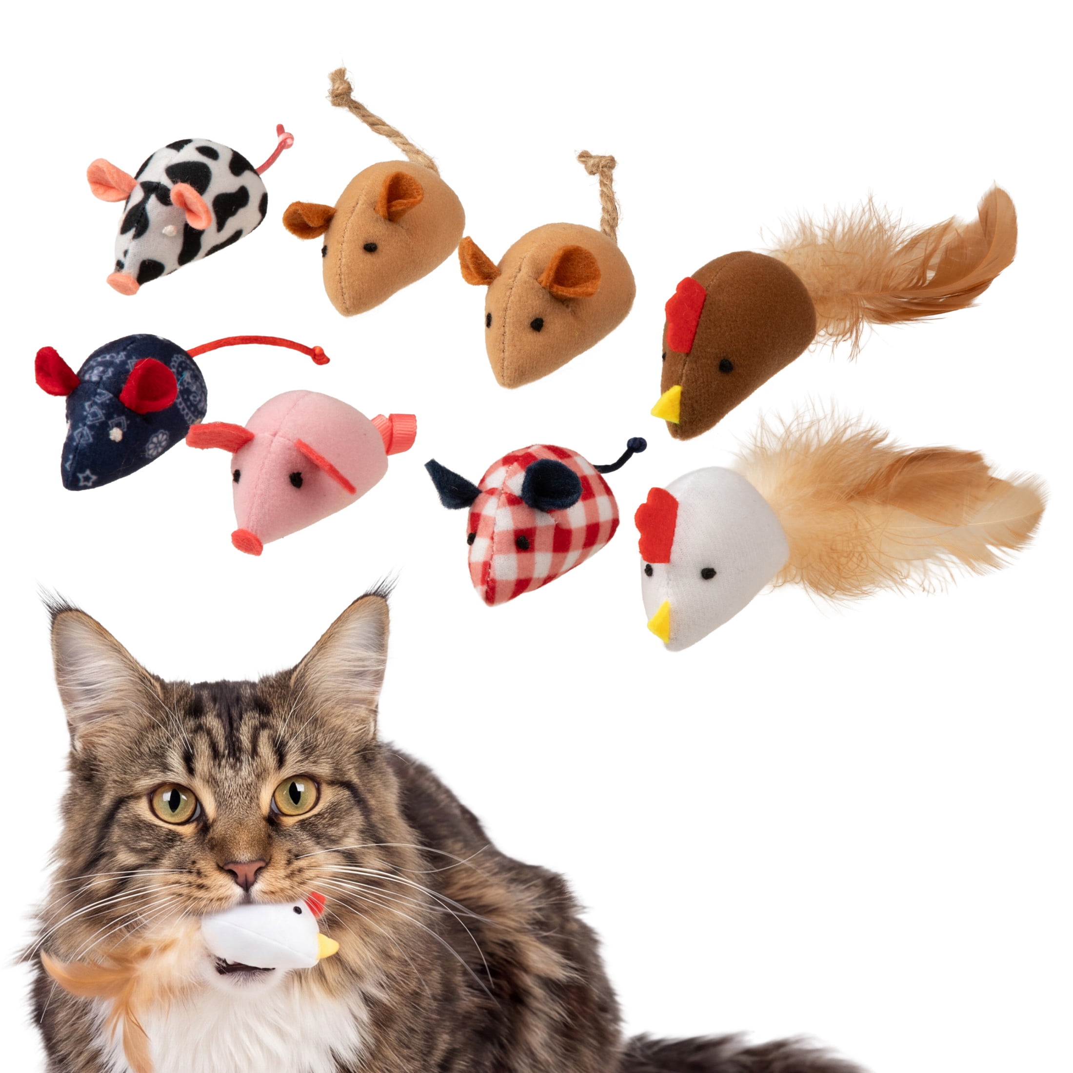 SmartyKat Farm Skitters Catnip Cat Toys, Set of 8, Small Plush Mice with String Tails and Pure Catnip