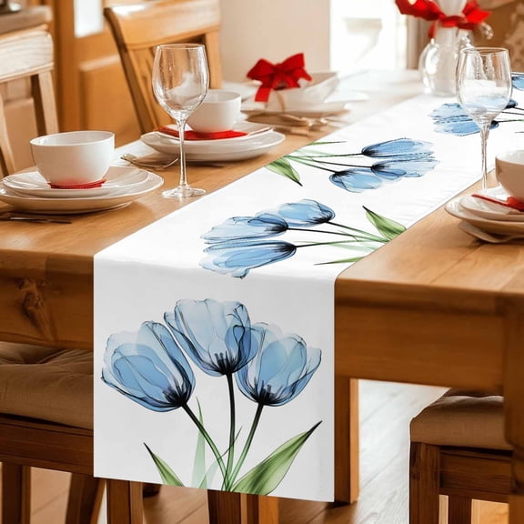 Farm Spring Blue Blossom Tulip Table Runner 36 Inches Long,Kitchen Dining Tablerunners Abstract Flower on White Linen Table Runners Dresser Scarves for Home Dinner Wedding Holiday Party Decor