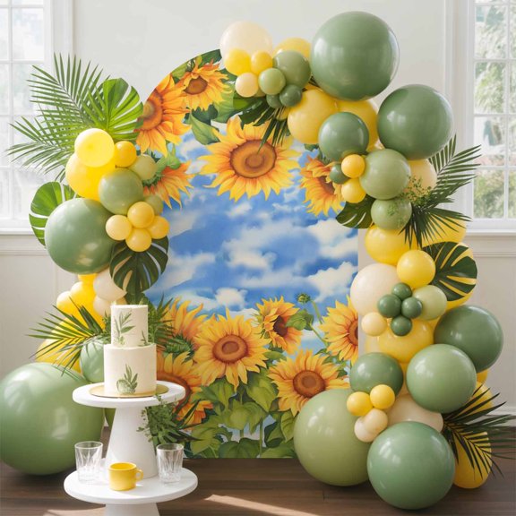 Farm Spring Garden Sunflower Arch Backdrop Cover Stretchy Spandex Arch Cover 6ft, Floral Green Leaves Blue Sky Round Top Chiara Stand Covers for Wedding Birthday Party Ceremony Banquet