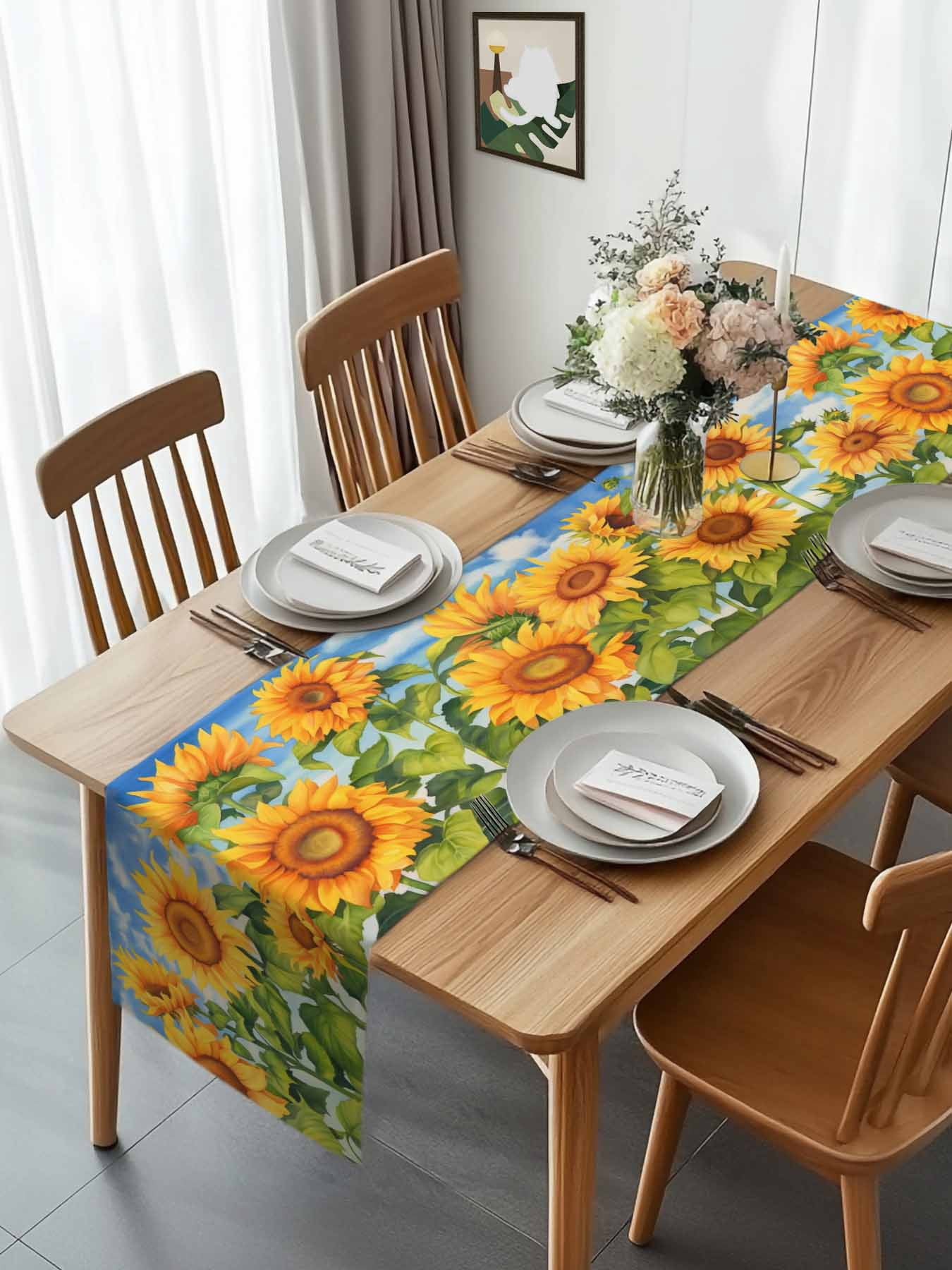 Farm Spring Garden Sunflower Table Runner 90 Inches Long, Floral Green Leaves Blue Sky Table Runners Tabletop Scarf Kitchen Dining Tables Decoration for Home Party Indoor Outdoor