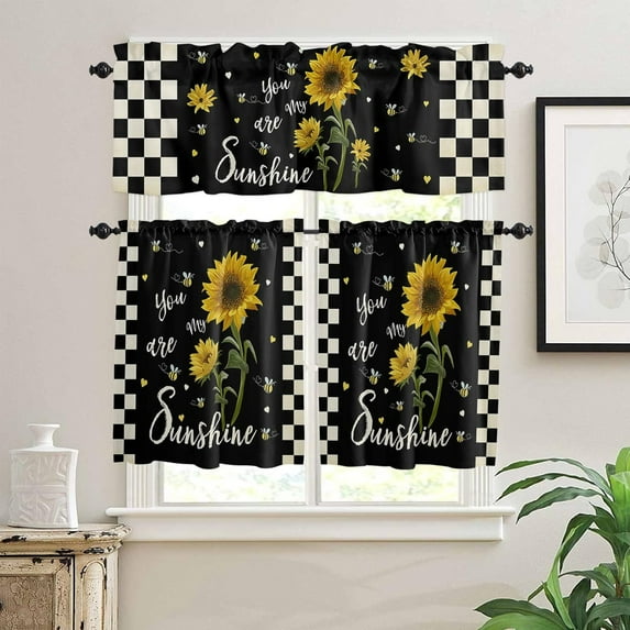 Farm Spring Sunflowers Kitchen Curtains Valances and Tier Set, Rural Idyllic Yellow Floral Bumble Bee 3 Pieces Rod Pocket Tiers Curtain Retro Buffalo Checker Window Valance Sets Treatment Drapes