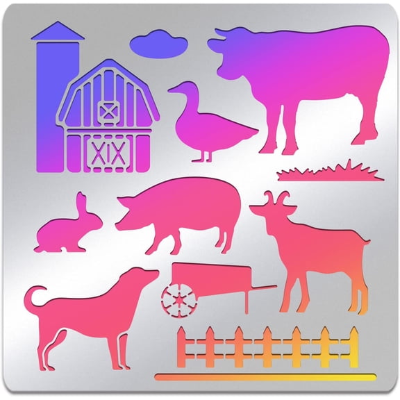Farm Stainless Steel Stencil Cow Sheep Pig Dog Duck Rabbit Hut Patterns Metal Journal Template for Wood Burning Engraving Painting Scrapbooking 6x6 inch Matte Stainless Steel Color