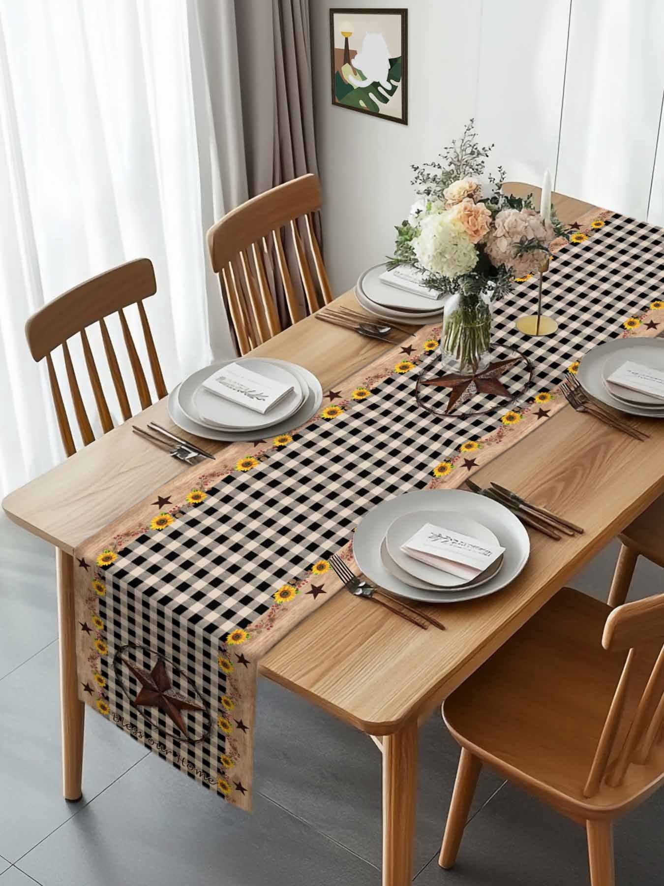 Farm Star Sunflower Wood Grain Table Runner 90 Inches Long, Black Buffalo Plaid Table Runners Tabletop Scarf Kitchen Dining Tables Decoration for Home Party Indoor Outdoor