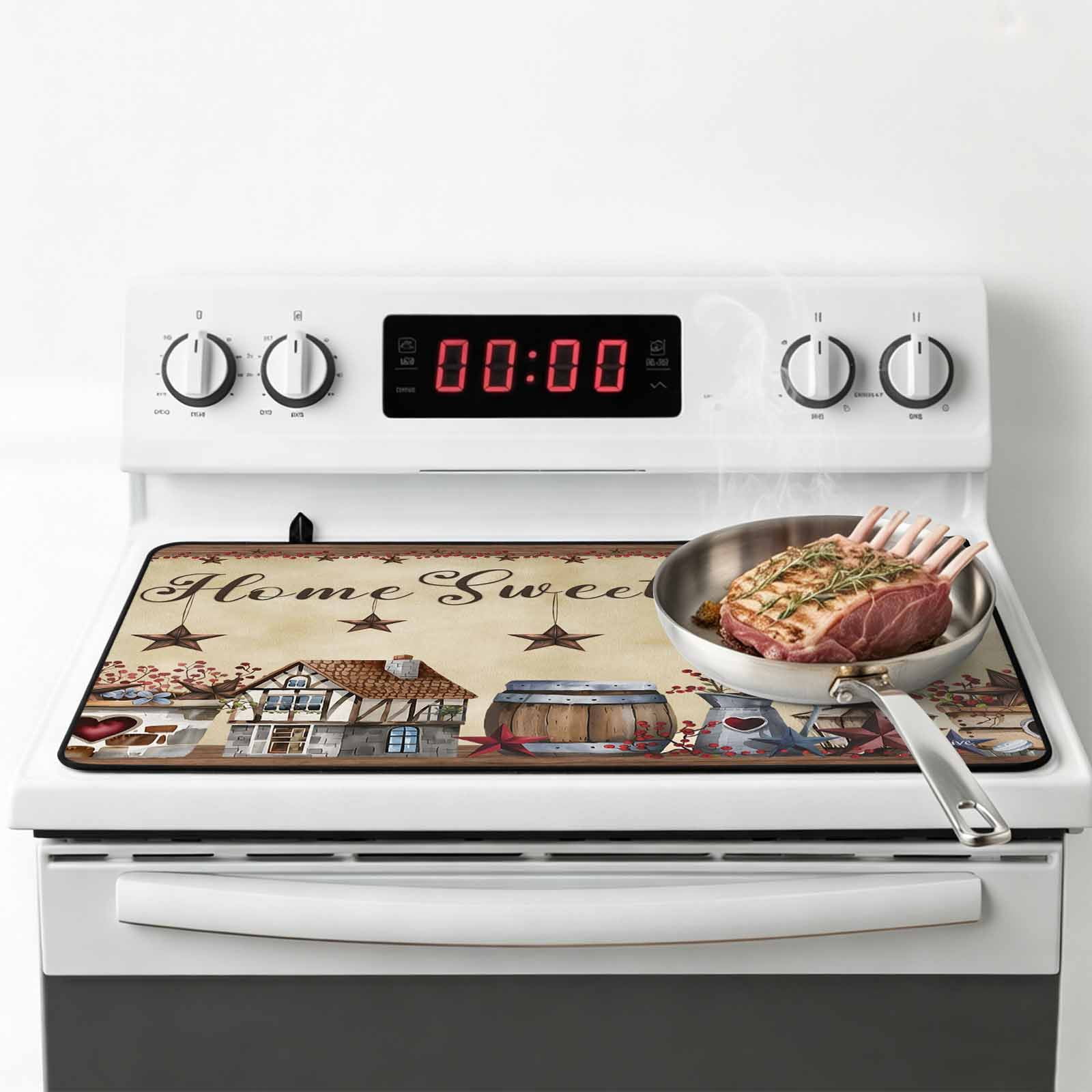 Farm Stove Top Cover for Electric Stove, Heat-proof & Non Slip Glass Top Stove Cover Protector, American Country Barn Star Vintage Berry Brown Kitchen Flat Cooktop Rubber Mat 24x21 Inches