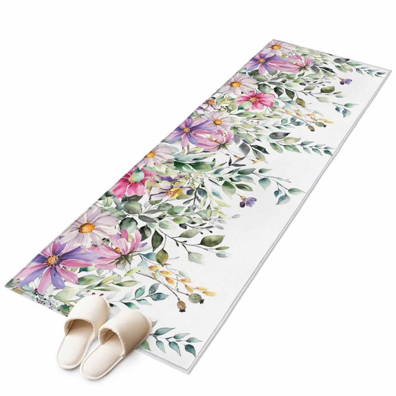 Farm Summer Flower Eucalyptus Leaf Non-Slip Non-Shedding Floor Mat, Pastoral Floral Washable Sturdy Carpet for Living Room Bedroom Home Decor