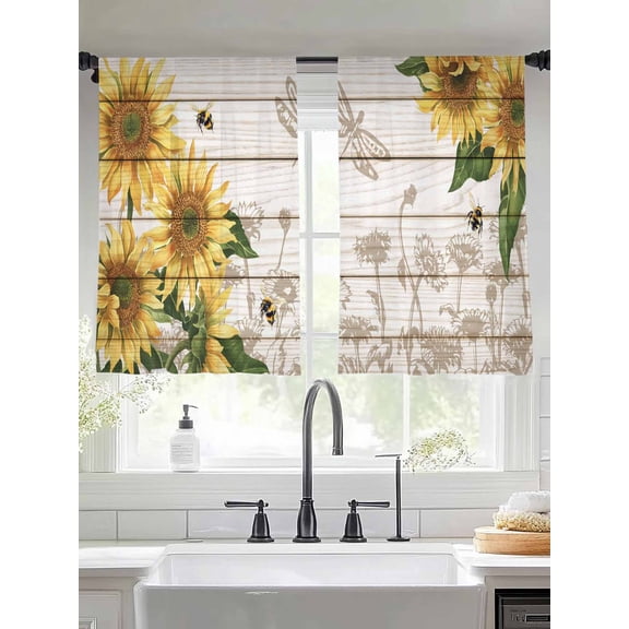 Farm Sunflower Bee Dragonfly Chiffon Sheer Curtains 45 Inches Long, Floral Leaves Wood Grain 2 Rod Pocket Window Treatment Voile Drapes Curtains for Living Room Bedroom,2 Panels, 52x45In