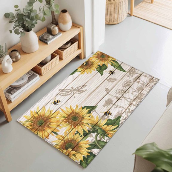 Farm Sunflower Bee Dragonfly Rectangle Area Rug 2x3ft,Living Room Rug Non-Slip Washable Circle Rugs Pad,Floral Leaves Wood Grain Soft Floor Carpet for Bedroom Dining Room