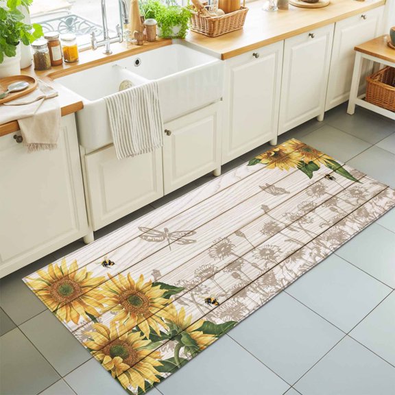 Farm Sunflower Bee Dragonfly Rectangle Area Rug 2x6ft,Living Room Rug Non-Slip Washable Circle Rugs Pad,Floral Leaves Wood Grain Soft Floor Carpet for Bedroom Dining Room