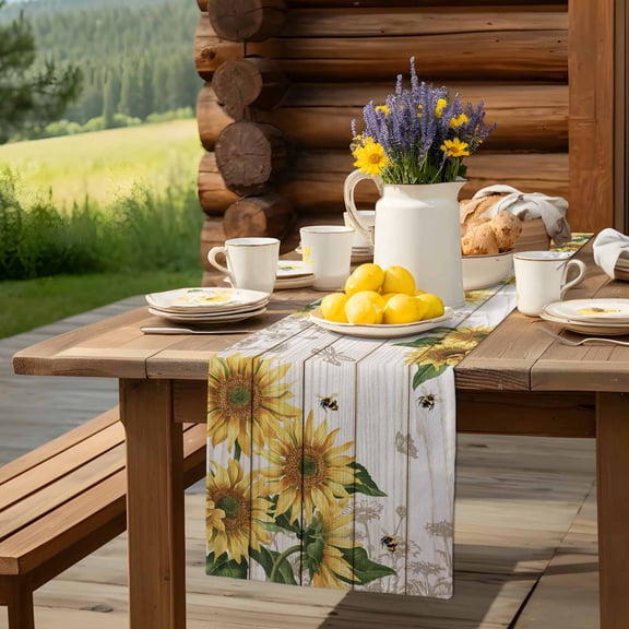 Farm Sunflower Bee Dragonfly Table Runner 13x90in Non-Slip Cotton Linen Table Runners, Floral Leaves Wood Grain Dresser Scarves TableRunner for Dinner Kitchen Dining Wedding Party