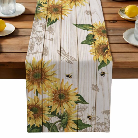 Farm Sunflower Bee Dragonfly Table Runner-72 Inch Long Floral Leaves Wood Grain Table Runners Linen Burlap Tablerunner for Kitchen Dining Room Holiday Party