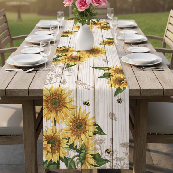 Farm Sunflower Bee Dragonfly Table Runner 90 Inches Long,Kitchen Dining Tablerunners Floral Leaves Wood Grain Linen Table Runners Dresser Scarves for Home Dinner Wedding Holiday Party Decor