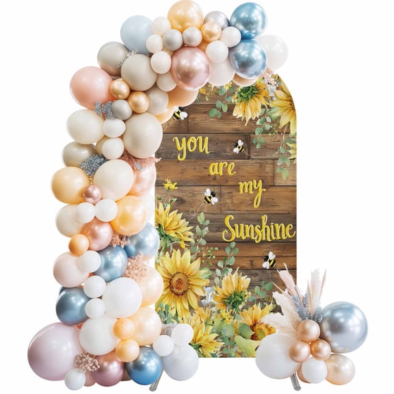 Farm Sunflower Bee Eucalyptus Arch Backdrop Cover Spandex Fitted Arch Cover 6FT,Arches Backdrop Stand Covers for Wedding Birthday Party Ceremony Banquet Decoration Retro Wooden Plank