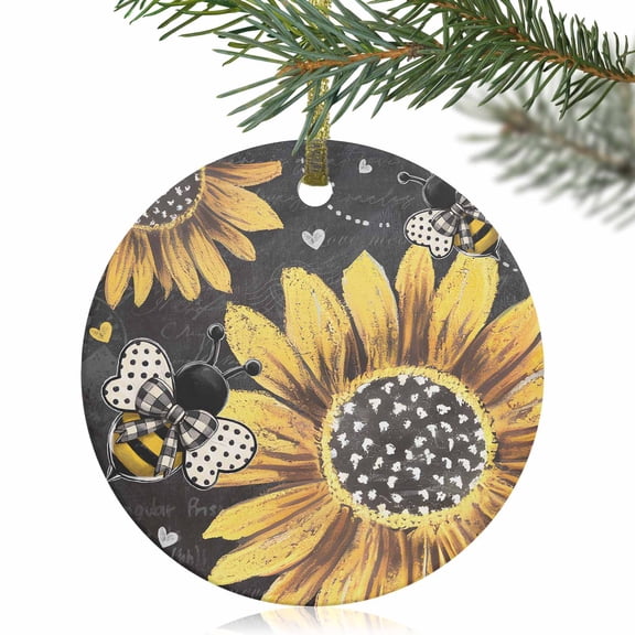 Farm Sunflower Bee Love Christmas Ceramic Ornament 2025,3" Round Xmas Tree Hanging Accessories with Gold Ribbon