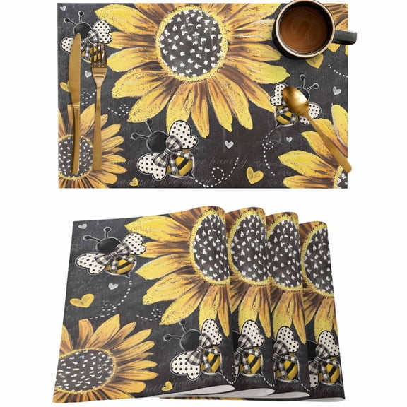 Farm Sunflower Bee Love Placemats Set of 4,Wipeable Washable Table Mats for Dining Tables,Blossom Floral Retro Grey Place Mats for Kitchen Event Party Tabletop Decor