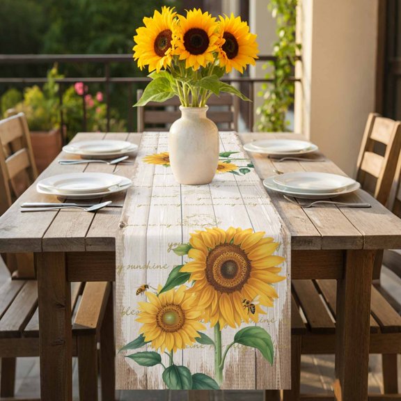 Farm Sunflower Bee Wooden Plank Table Runner-70 Inch Long Sunshine Quote Table Runners Linen Burlap Tablerunner for Kitchen Dining Room Holiday Party
