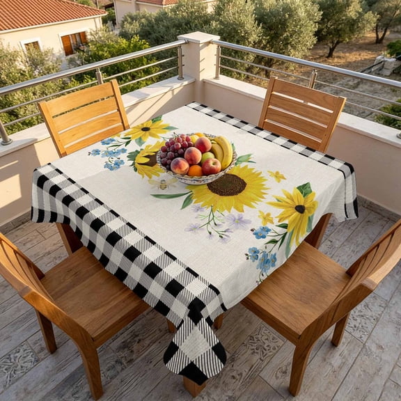 Farm Sunflower Black Check Retro Linen Table Cloth 60x60in, Waterproof Square Tablecloth Wipeable Tablecloths Watercolor Yellow Flower Table Covers for Dining Tables Party Indoor Outdoor