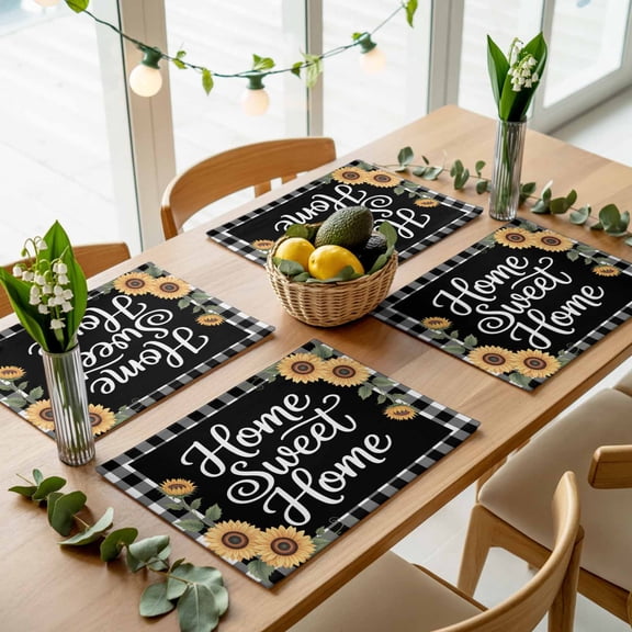 Farm Sunflower Black White Buffalo Placemats Set of 4,Wipeable Washable Table Mats for Dining Tables, Sweet Home Place Mats for Kitchen Event Party Tabletop Decor