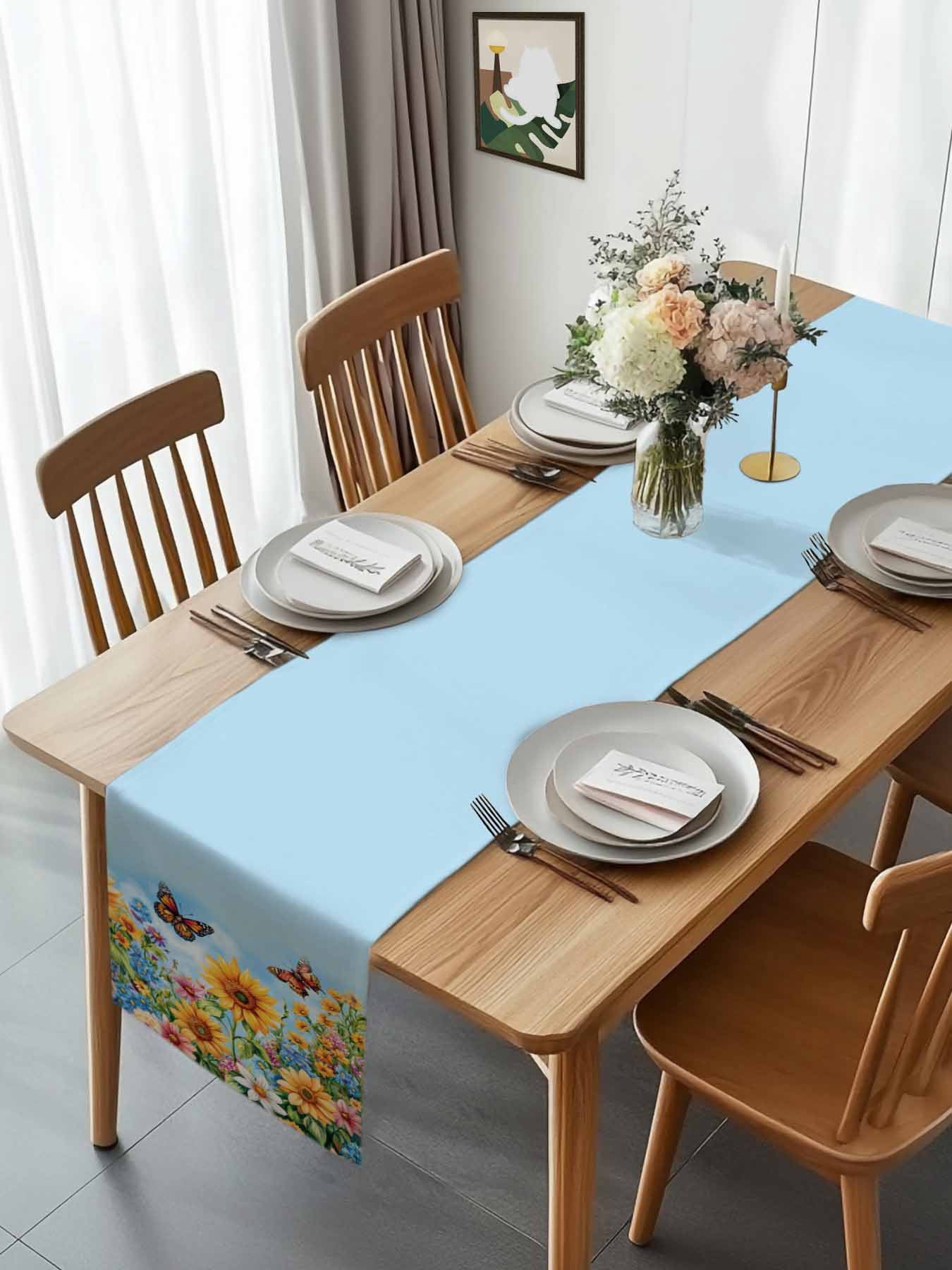 Farm Sunflower Butterfly Table Runner 90 Inches Long, Watercolor Wildflower Blue Sky Table Runners Tabletop Scarf Kitchen Dining Tables Decoration for Home Party Indoor Outdoor