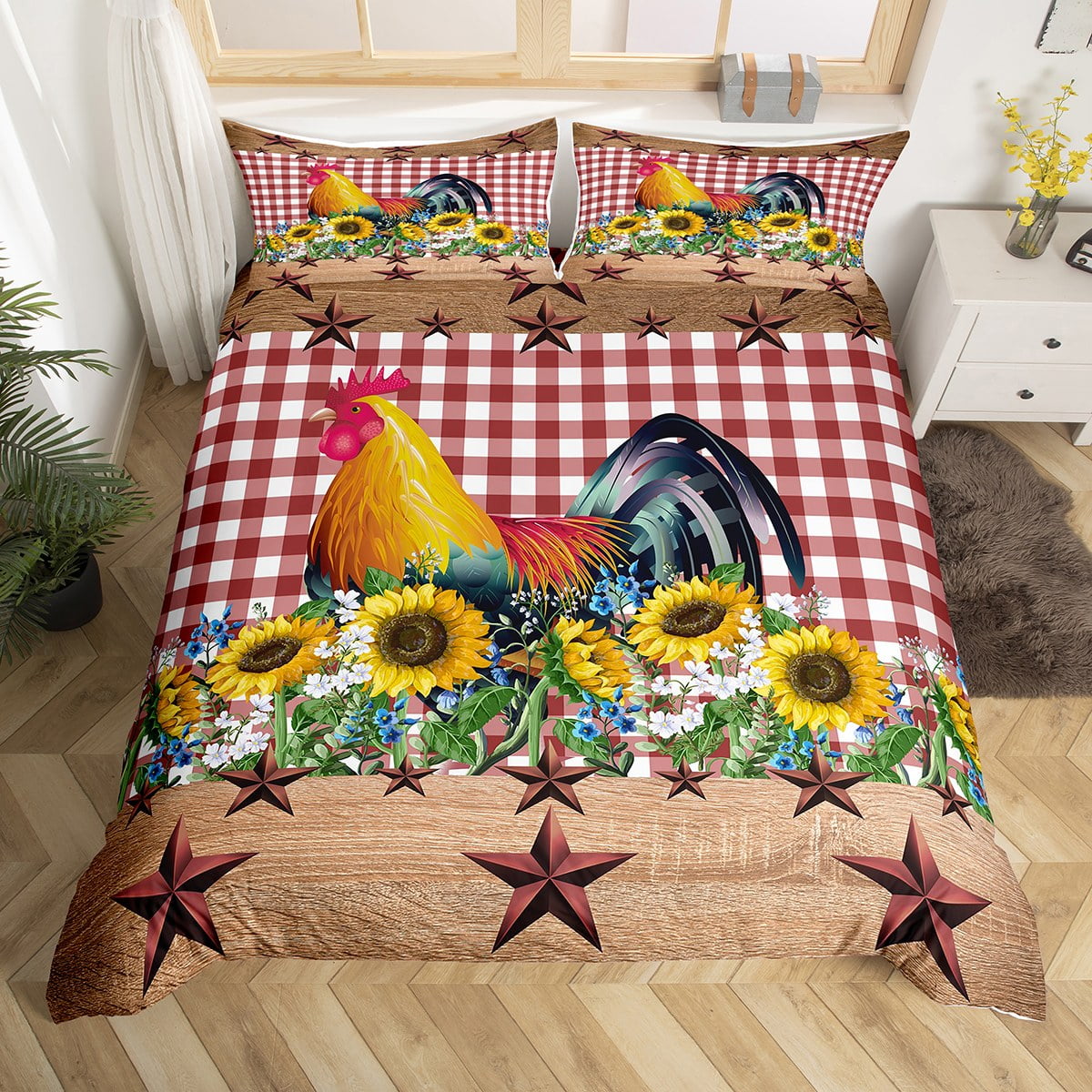 Farm Sunflower Chicken Bedding Set Twin Rustic Farmhouse Animal Duvet