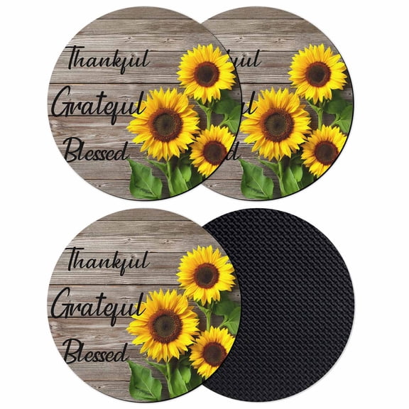 Farm Sunflower Coasters Set of 4, Positive Floral Vintage Brown Wooden Absorbent Coasters for Drinks, Coaster for Bar Office Dining Coffee Table Accessories Decor, Non Slip Round Desk Coaster