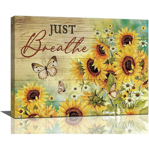 Farm Sunflower Daisy Bathroom Decor Wall Art Rustic Farmhouse Floral Butterfly Just Breathe Pictures Wall Decor Canvas Painting Prints Artwork Home Decorations Framed for Bedroom Kitchen 16"x12"