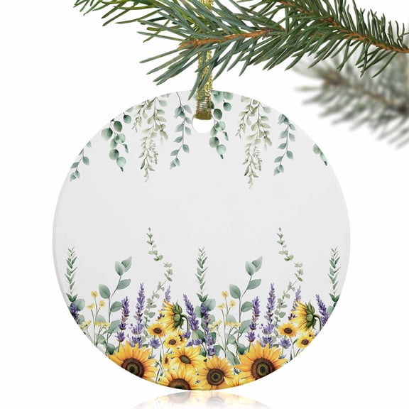 Farm Sunflower Eucalyptus Leaf Christmas Ceramic Ornament 2025,3" Round Xmas Tree Hanging Accessories with Gold Ribbon