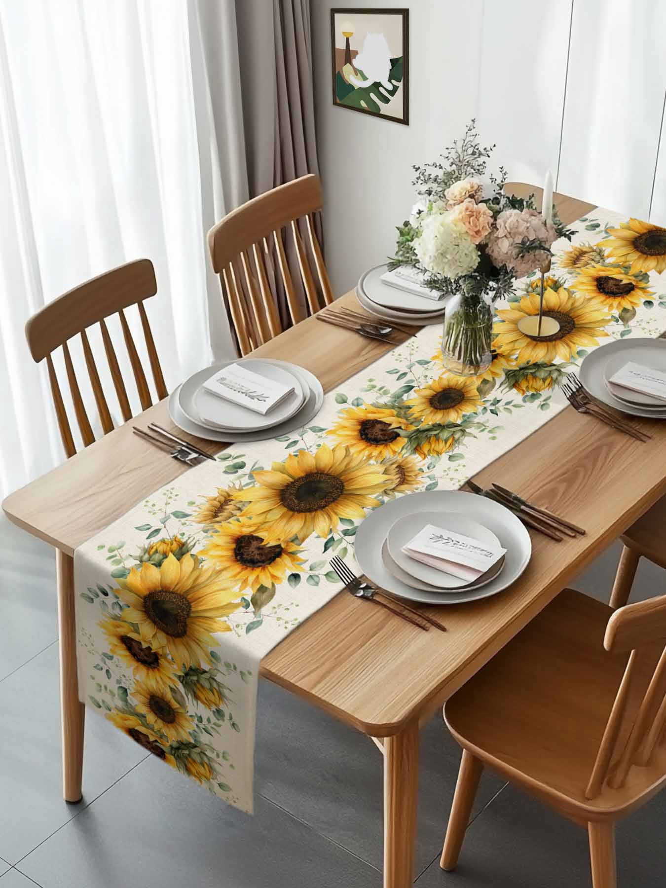 Farm Sunflower Eucalyptus Leaves Table Runner 90 Inches Long, Rustic Plants Retro Linen Table Runners Tabletop Scarf Kitchen Dining Tables Decoration for Home Party Indoor Outdoor