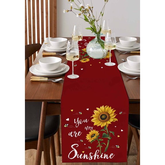 Farm Sunflower Floral Watercolor Red Table Runner 13x36in Non-Slip Cotton Linen Table Runners, Bee You Are My Sunshine Dresser Scarves TableRunner for Dinner Kitchen Dining Wedding Party